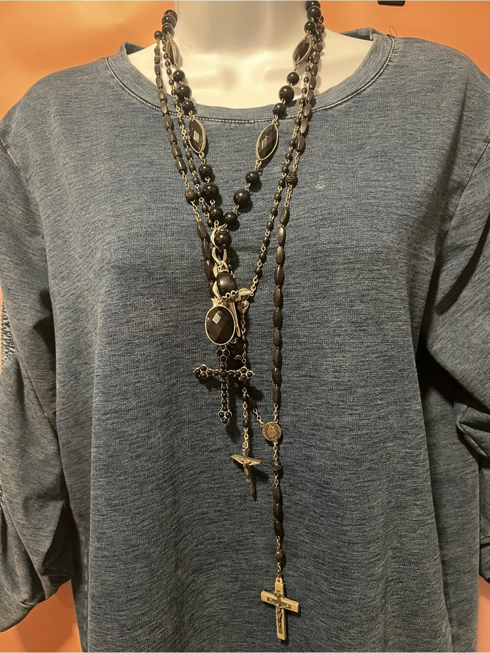 Stack of Black Bead Cross Necklaces - Women's Faith Jewelry